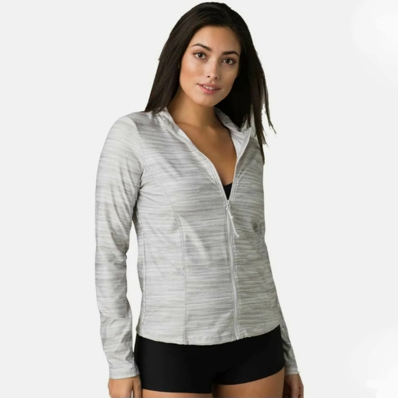 Prana Tops - Prana Catarina Gray & White Marled Stripe, Long Sleeved Full Zip UPF 50+ Sun Top